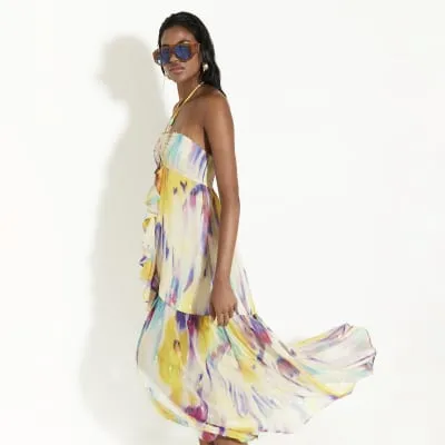 Purple Blurred Print Frill Maxi Dress sold by River Island