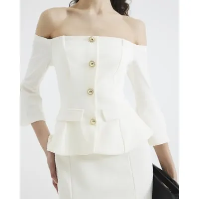 Cream Bardot Button Down Bodycon Midi Dress sold by River Island