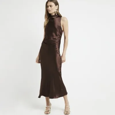 Brown satin halter cowl neck midi dress sold by River Island