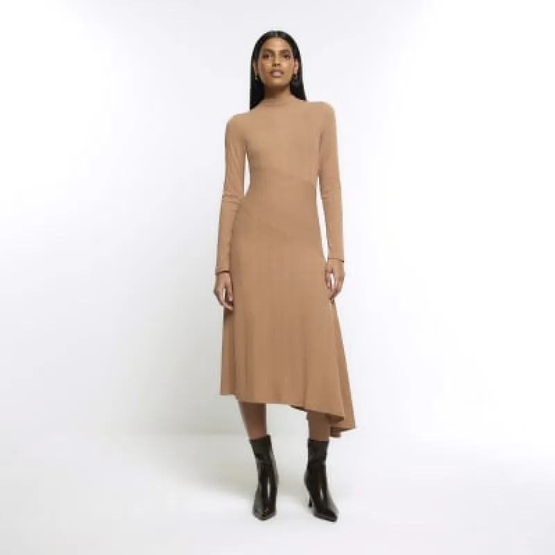 Beige rib asymmetric bodycon midi dress sold by River Island