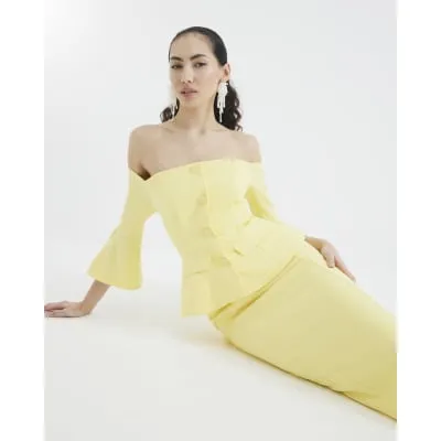 Yellow Bardot Button Down Bodycon Midi Dress sold by River Island
