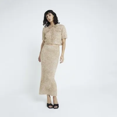 Gold Tinsel Knit Midi Skirt sold by River Island