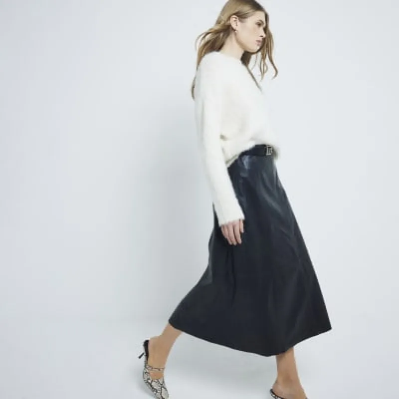 Premium Black Leather A Line Midi Skirt sold by River Island