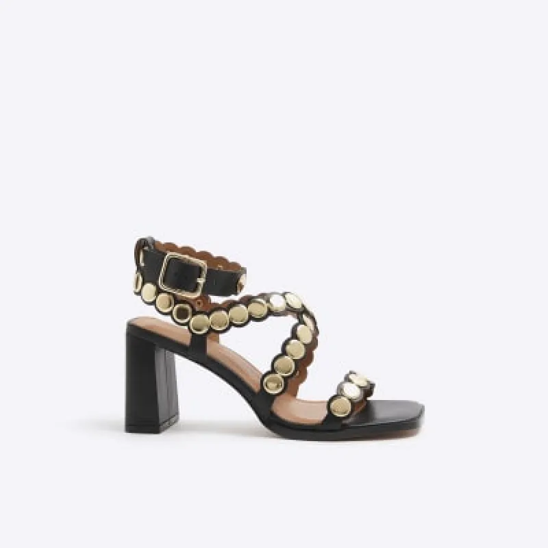 Black Coin Scalloped Block Heeled Sandals sold by River Island