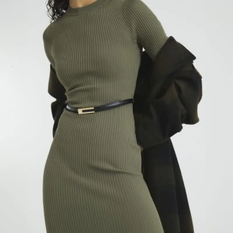 Khaki Short Sleeve Belted Midi Jumper Dress sold by River Island