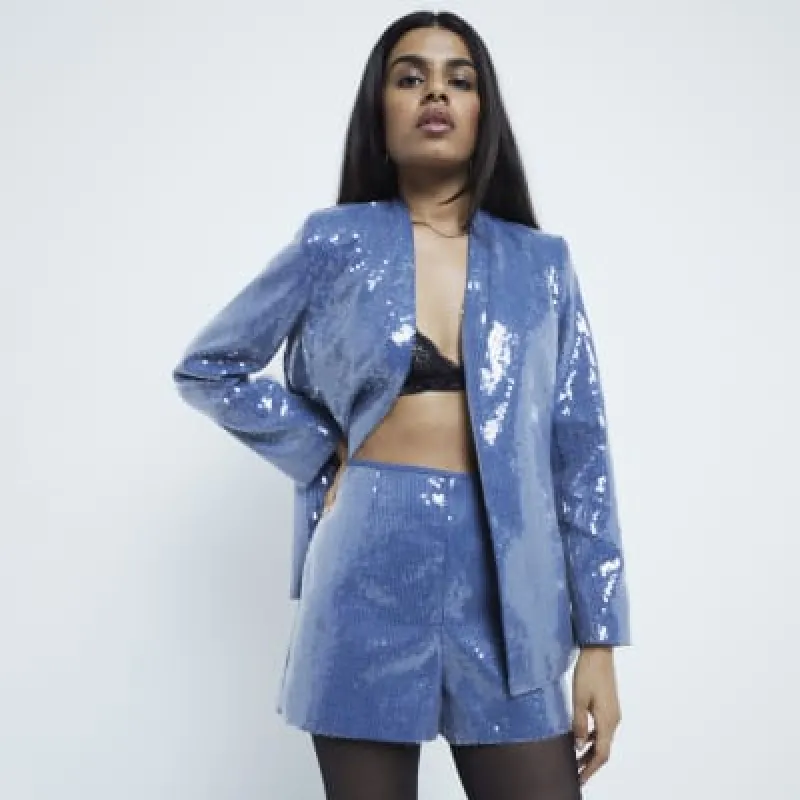 Petite Blue Sequin Shorts sold by River Island