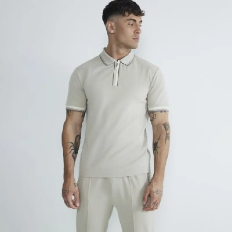 Stone Slim Fit Pique Tipped Polo Shirt sold by River Island