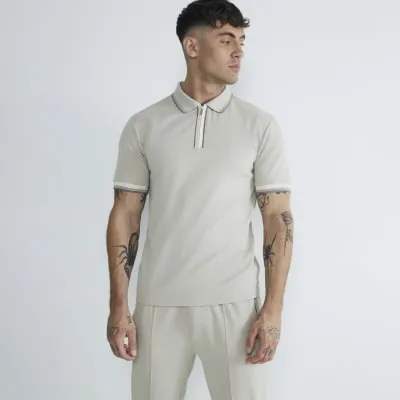 Stone Slim Fit Pique Tipped Polo Shirt sold by River Island