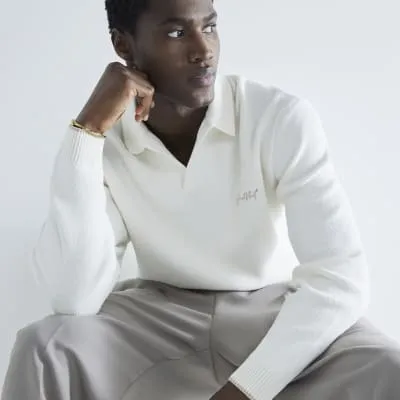 Ecru Boucle Long Sleeve Open Collar Jumper sold by River Island