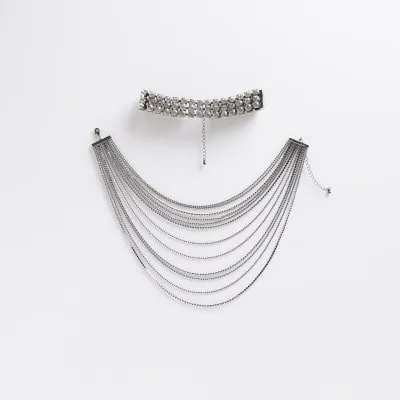 Black Metal Crystal Layered Collar Necklace sold by River Island
