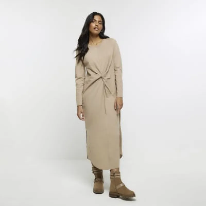Beige knot long sleeve t-shirt midi dress sold by River Island