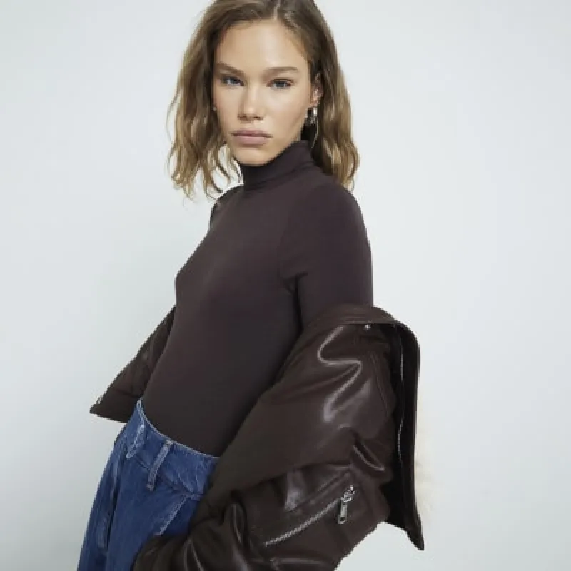 Brown Long Sleeved Roll Neck Bodysuit sold by River Island