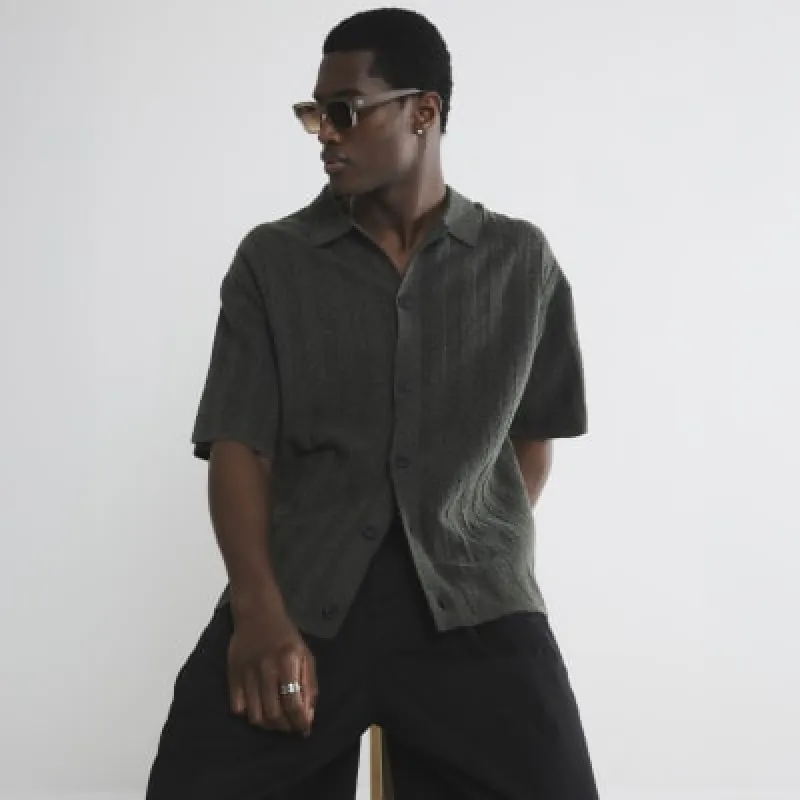 Khaki Boxy Fit Ribbed Boucle Shirt sold by River Island
