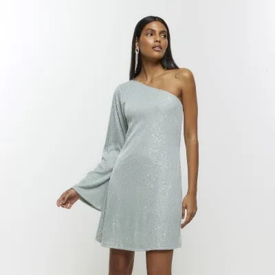 Green sequin one shoulder shift mini dress sold by River Island