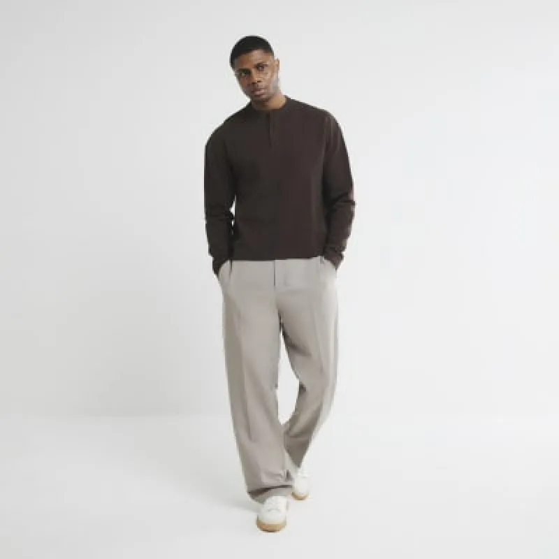 Brown Waffle Henley Neck T-Shirt sold by River Island