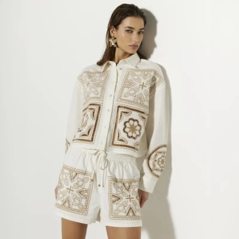 Cream Long Sleeve Crochet Patchwork Shirt sold by River Island