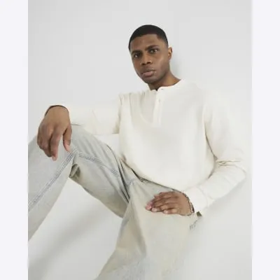 Beige Waffle Henley Neck T-Shirt sold by River Island
