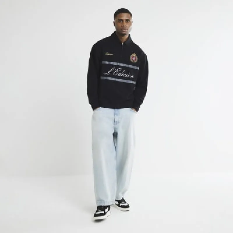 Black Open Hem Embroidery Rugby Polo Shirt made by River Island