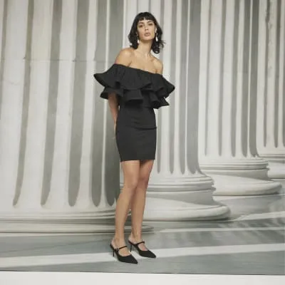 Black bardot plisse frill mini dress sold by River Island