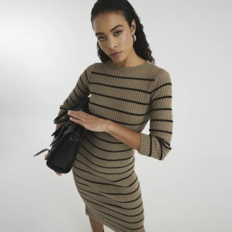 Brown Long Sleeve Stripe Midi Dress sold by River Island