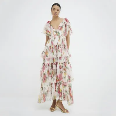 White Short Sleeve Floral Tiered Maxi Dress sold by River Island