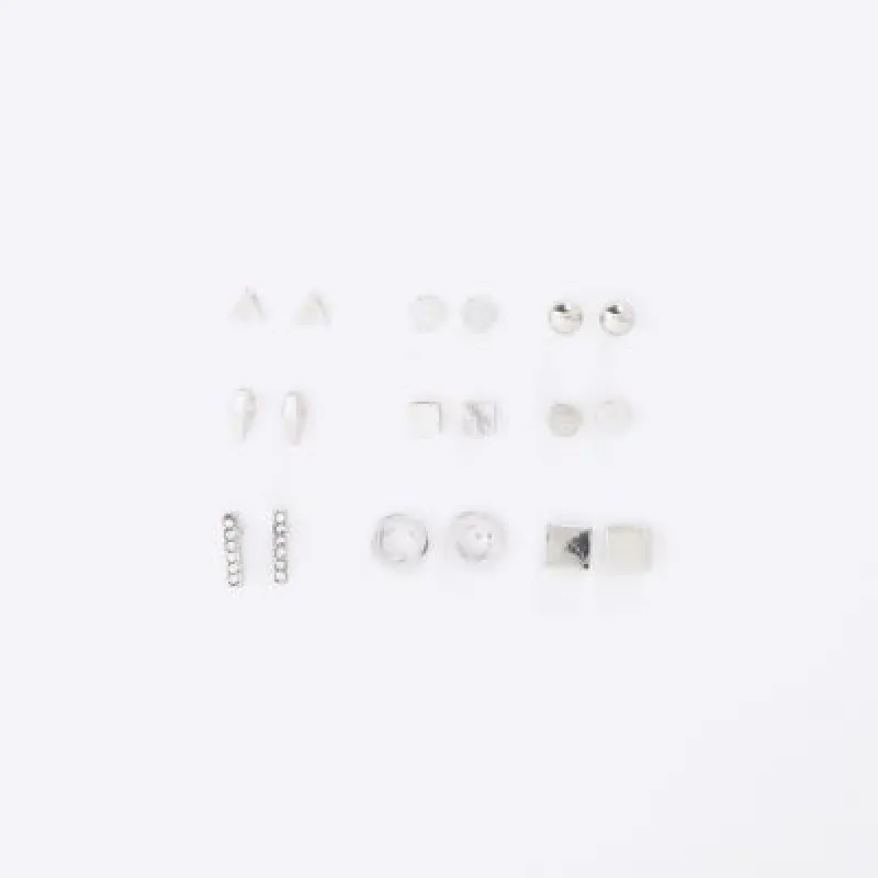 Silver Pack Of 9 Rhodium Stud Earrings sold by River Island