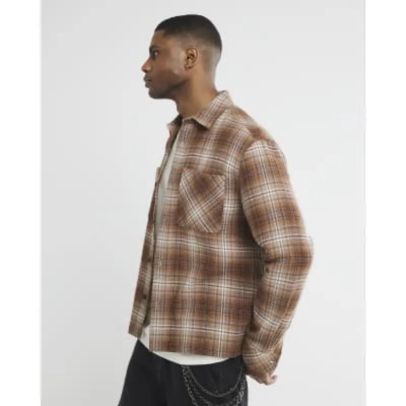 Brown Regular Fit Long Sleeve Check Shirt sold by River Island