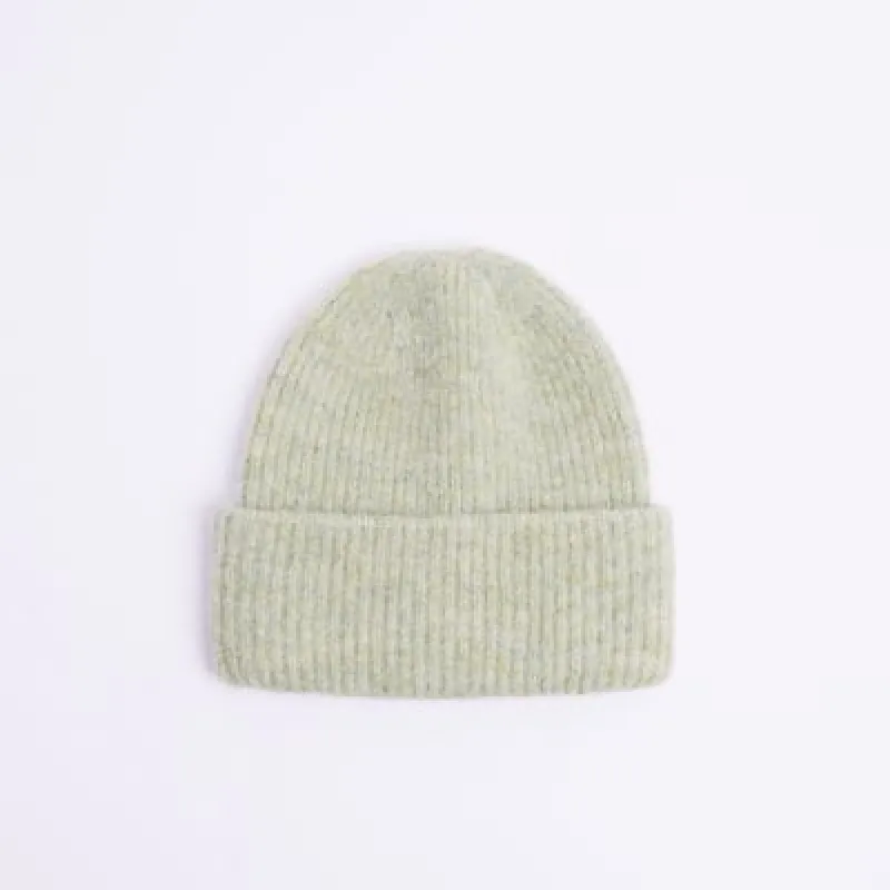 Green chunky knit beanie hat sold by River Island