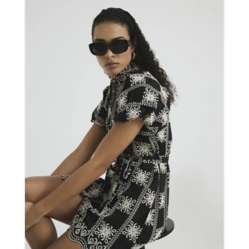 Black Short Sleeve Crochet Belted Dress sold by River Island