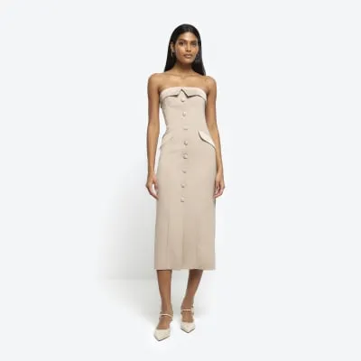 Beige tux bandeau midi dress sold by River Island