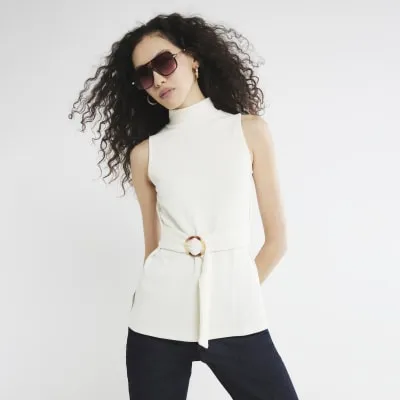 Cream Ribbed Belt Tunic Top sold by River Island