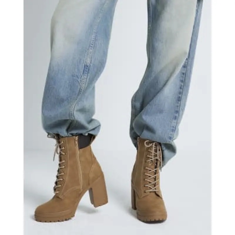 Tan Brown Lace Up Heeled Hiker Boots sold by River Island