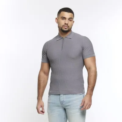 Grey muscle fit knitted half zip polo sold by River Island