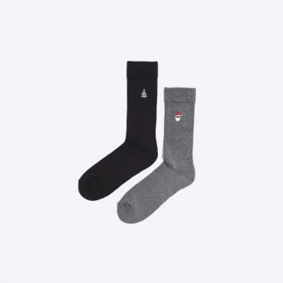 Black 2 Pack Santa Christmas Socks Set sold by River Island