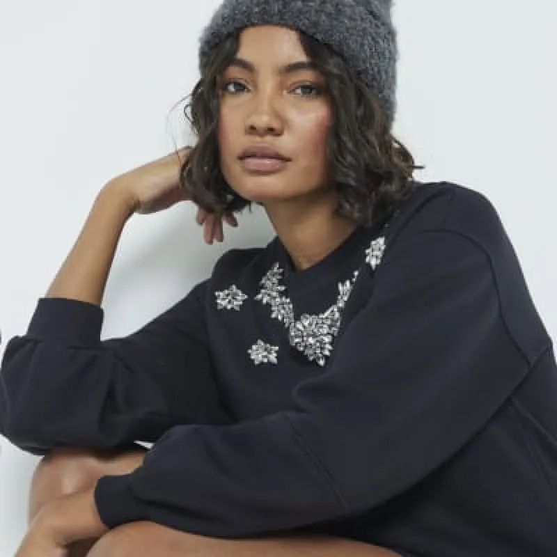 Black Necklace Trim Sweatshirt Dress sold by River Island