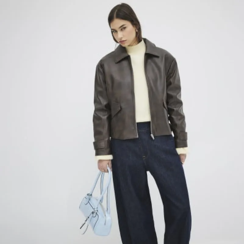 Brown Faux Leather Distressed Bomber Jacket sold by River Island