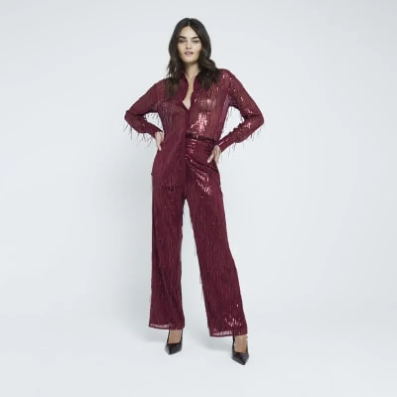 Red Sequin Tailored Fringe Trousers sold by River Island