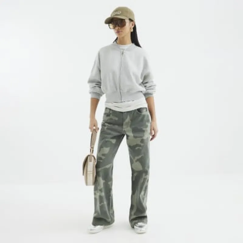 Petite Green Relaxed Straight Camo Jeans sold by River Island
