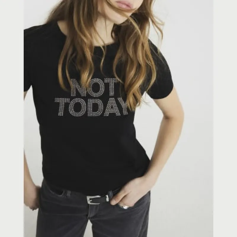 Black Diamante Not Today Embellished T-shirt sold by River Island