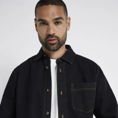 Black regular fit long sleeve denim shirt sold by River Island