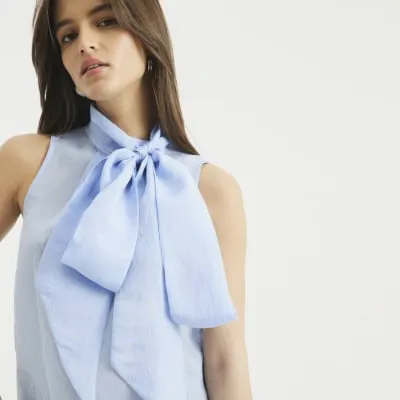 Blue Bow Neck Tie Blouse sold by River Island