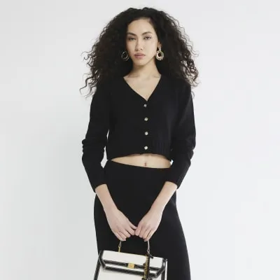 Black Cropped V Neck Cardigan sold by River Island