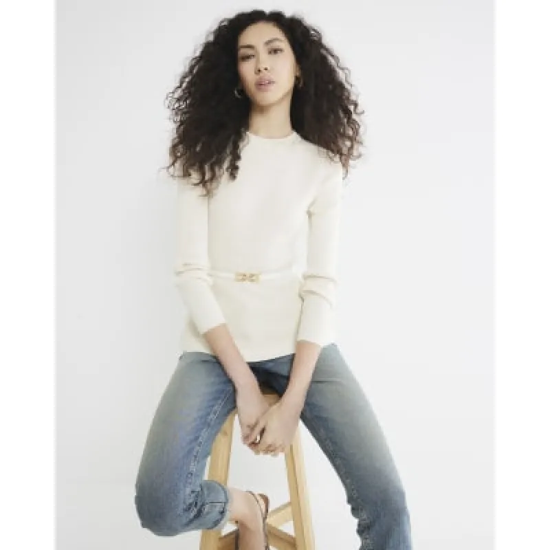 Cream Belted Peplum Long Sleeve Top sold by River Island