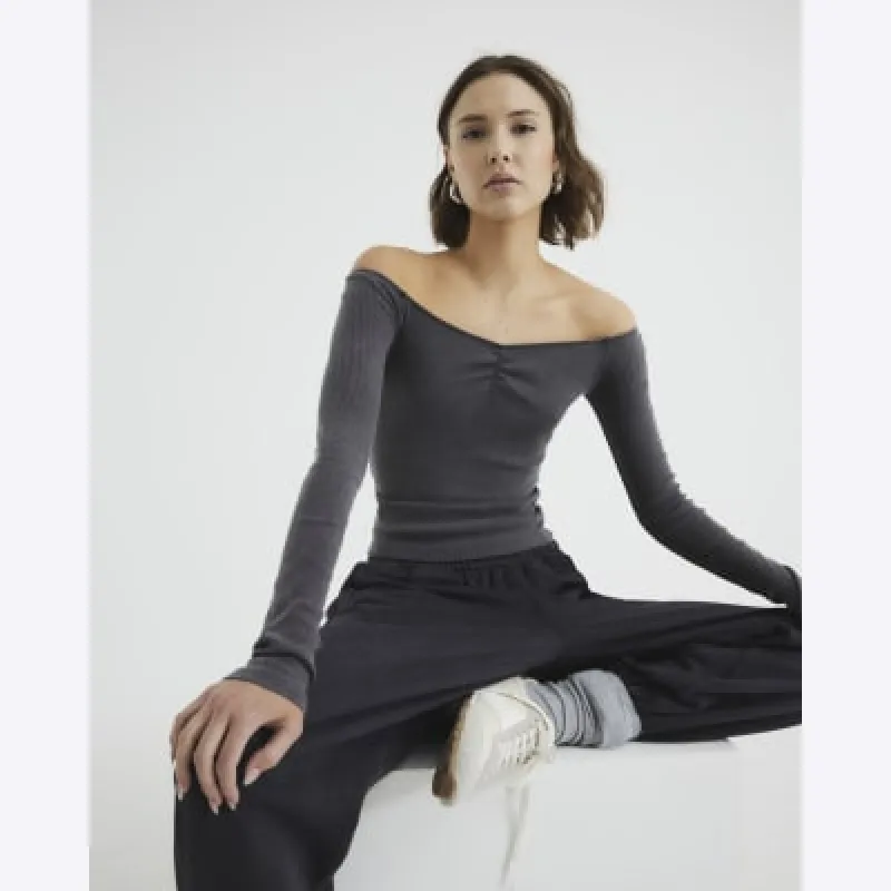 Grey Long Sleeve Sweetheart Top sold by River Island