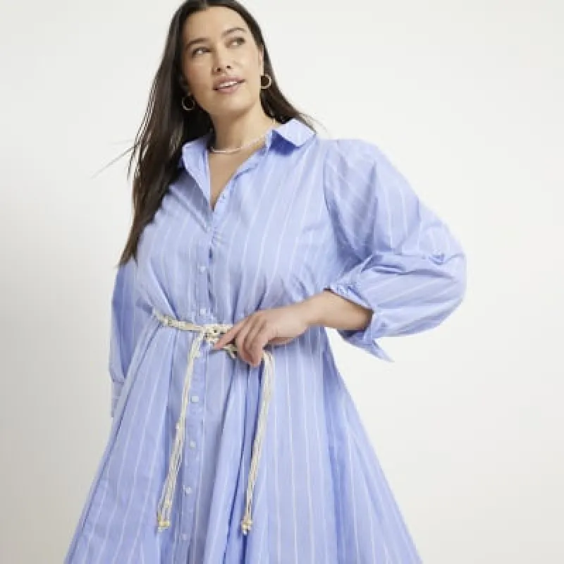 Plus blue stripe belted mini shirt dress sold by River Island