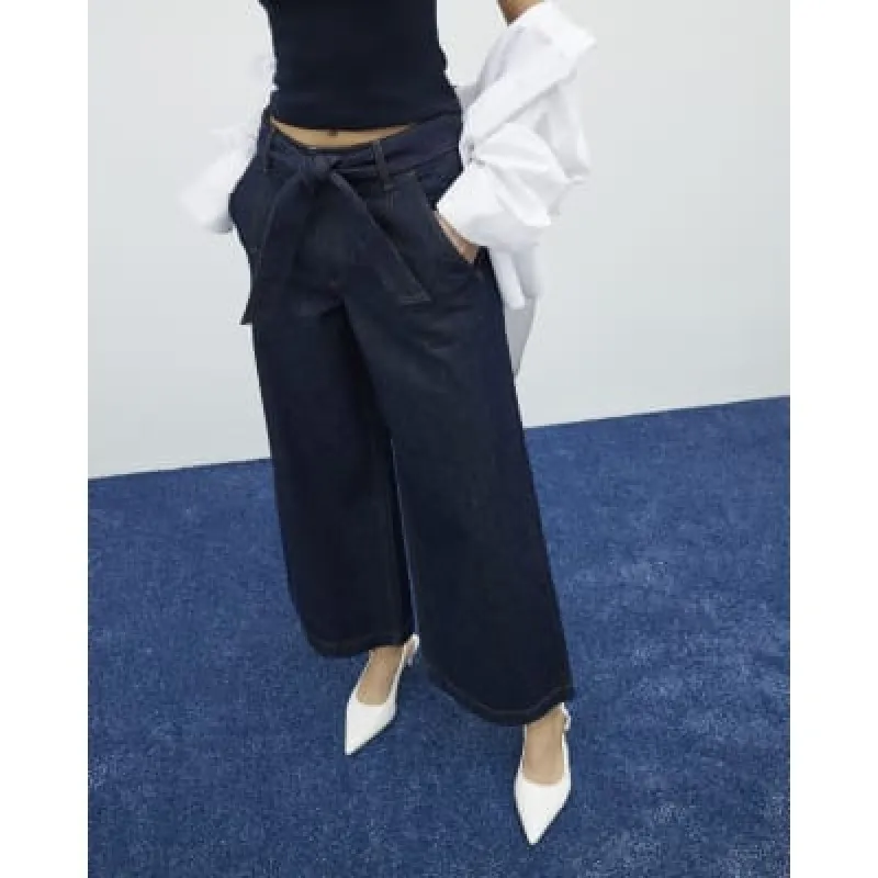 Blue Denim Belted Wide Leg Cropped Jeans made by River Island