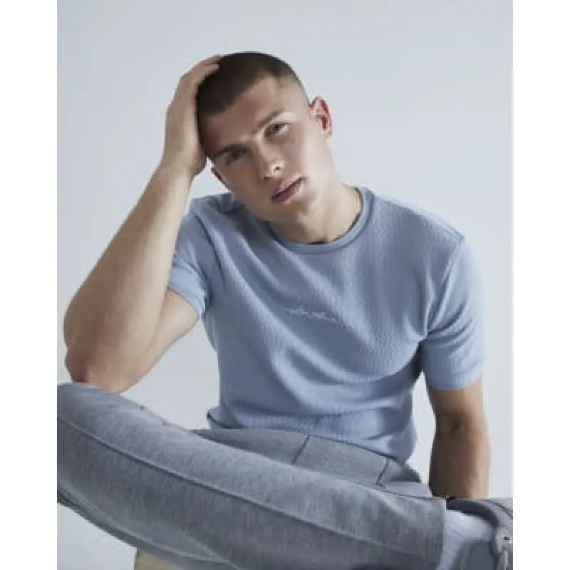 Blue Slim Fit Quilted Embroidered T-Shirt sold by River Island
