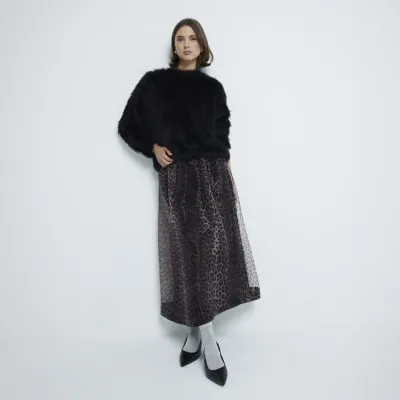Brown Leopard Organza Midi Skirt sold by River Island