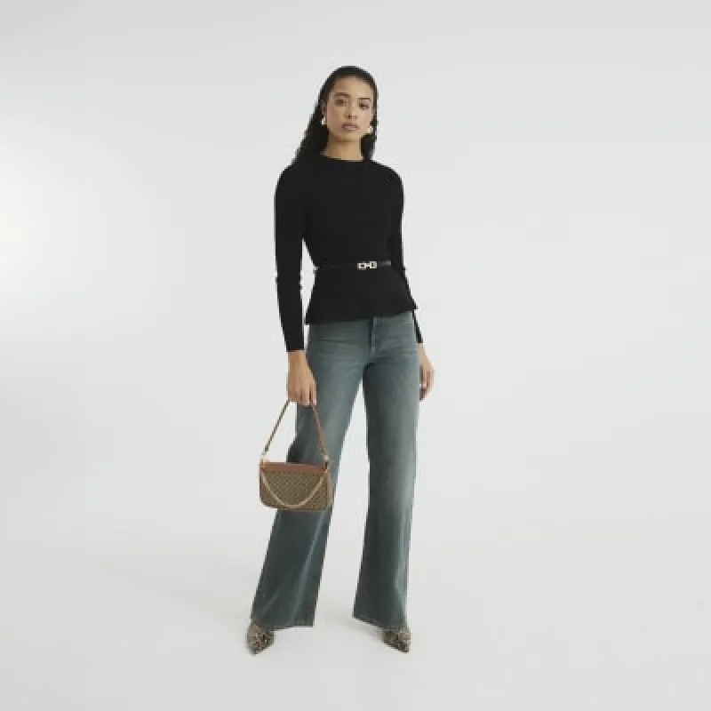 Black Belted Peplum Long Sleeve Top sold by River Island