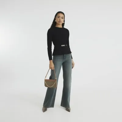 Black Belted Peplum Long Sleeve Top sold by River Island